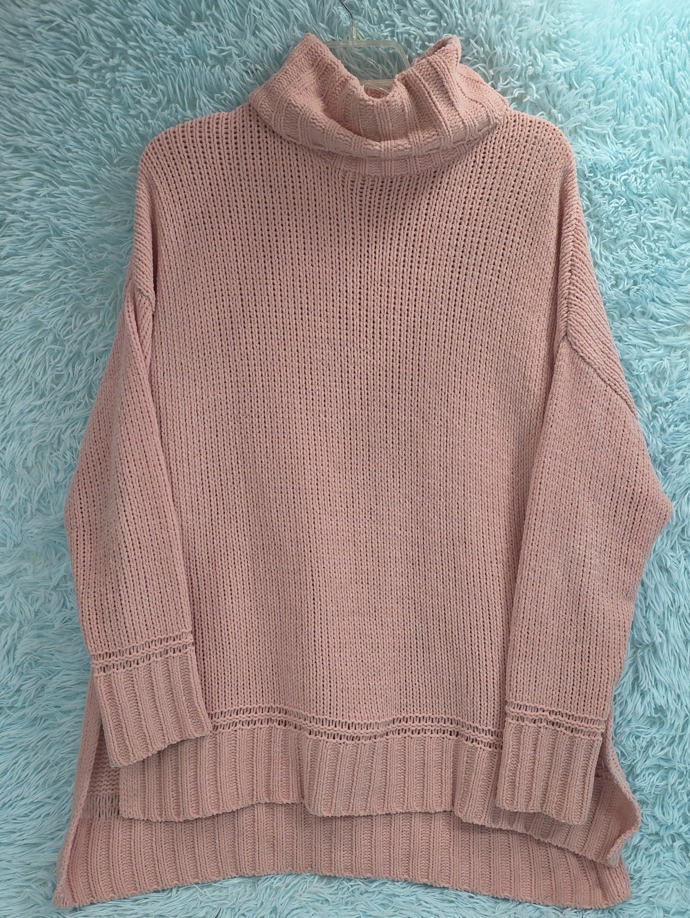 Aerie Pink Chenille Oversized Turtleneck Sweater Side Slit Ribbed Knit M